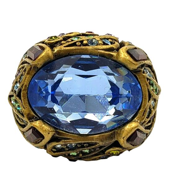 Heidi Daus Crystal Statement Ring Blue Purple Designer Gold Tone Cocktail 5 3/4 - Picture 1 of 10